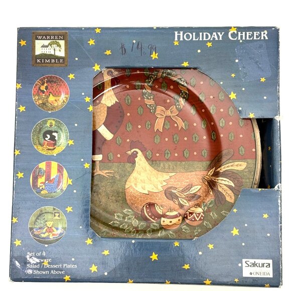 Warren Kimble Holiday Cheer Sakura Oneida Set of 4 Salad Plates Farmhouse Cat - Picture 9 of 15